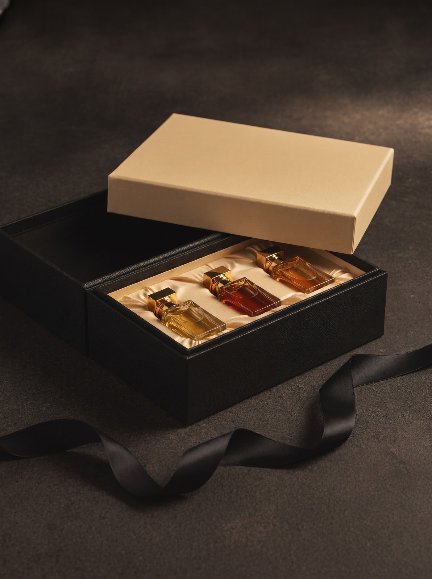 Open coffret with three fragrances