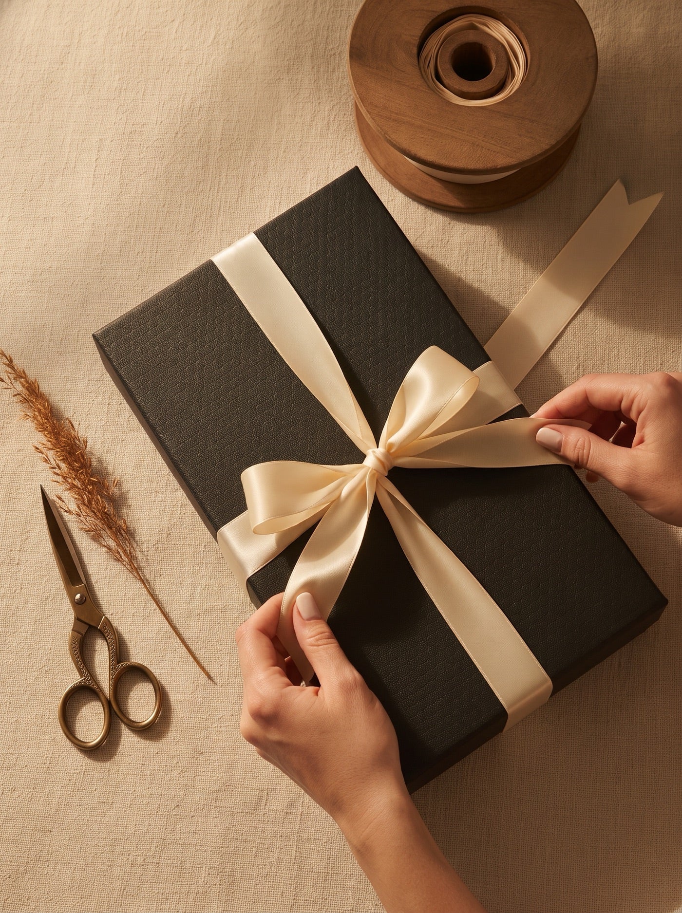 Hand-tied ribbon in the wrapping atelier